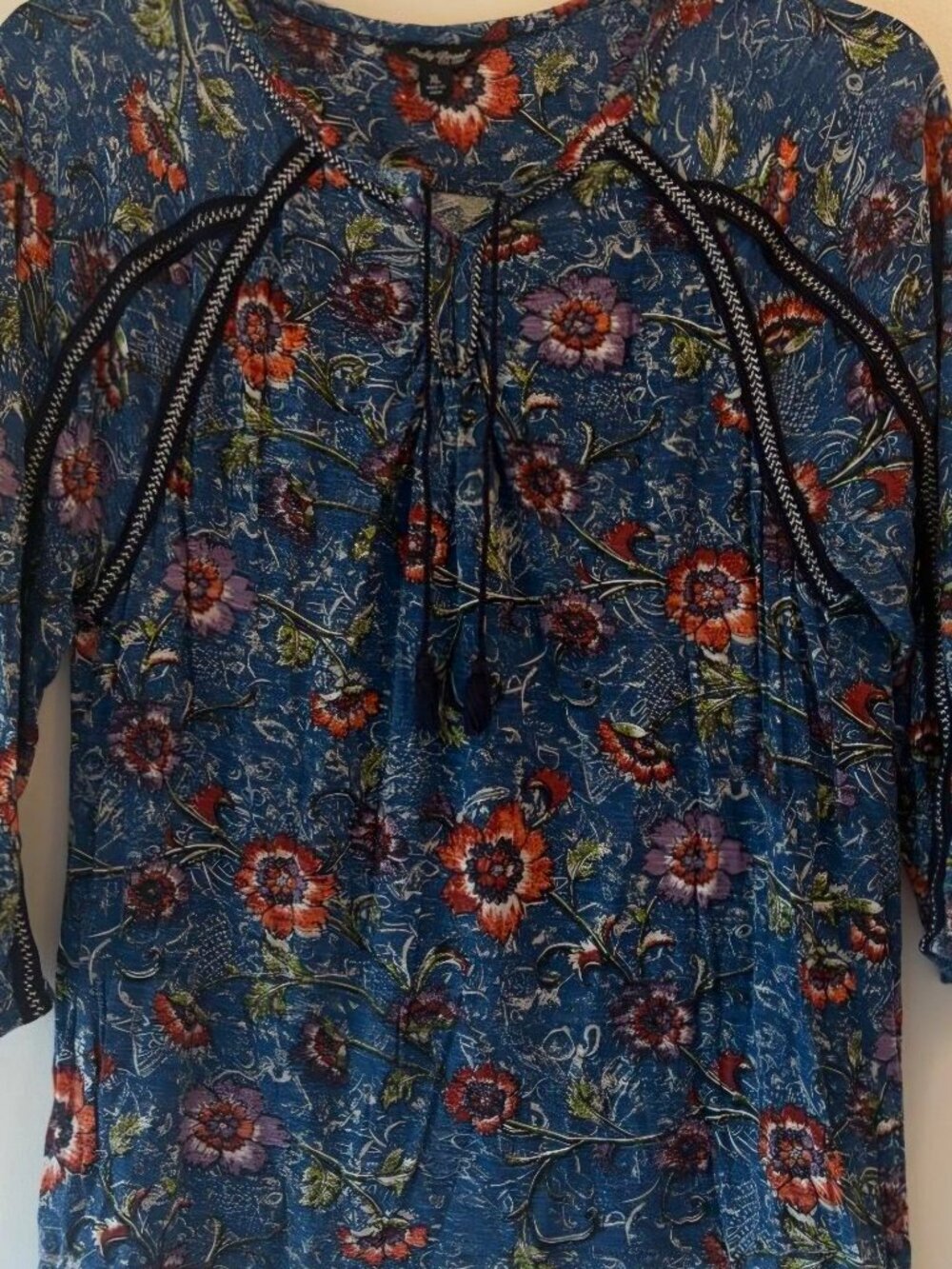 Lucky Brand Boho Chic floral peasant flowy boho embroidered tassels blouse S